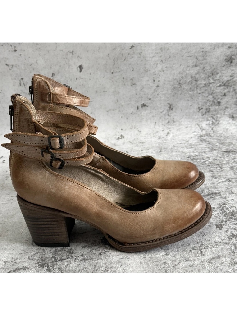 Freebird by Steven Randi Tan Leather Double Ankle-Strap Block Heels Size 8